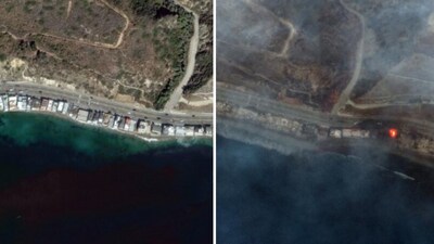 Satellite images show the Pacific Coast Highway along California’s Malibu coastline before and after devastating wildfires. (Maxar/ X) Satellite images show the Pacific Coast Highway along California’s Malibu coastline before and after devastating wildfires. (Maxar/ X)