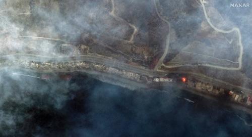 This infrared satellite image provided by Maxar Technologies shows burned structures and active fire burning from the Palisades Fire in Tuna Canyon. (AP) This infrared satellite image provided by Maxar Technologies shows burned structures and active fire burning from the Palisades Fire in Tuna Canyon. (AP)