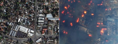 Homes and buildings on East Altadena Drive in Altadena, California, on January 6, 2025 (L) and a color infrared satellite image of homes and buildings burning on East Altadena Drive during the Eaton Fire on January 8, 2025. (AFP) Homes and buildings on East Altadena Drive in Altadena, California, on January 6, 2025 (L) and a color infrared satellite image of homes and buildings burning on East Altadena Drive during the Eaton Fire on January 8, 2025. (AFP)