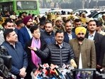 Aam Aadmi Party (AAP) national convener Arvind Kejriwal with Delhi CM Atishi, Punjab CM Bhagwant Mann and party leader Sanjay Singh. Aam Aadmi Party (AAP) national convener Arvind Kejriwal with Delhi CM Atishi, Punjab CM Bhagwant Mann and party leader Sanjay Singh.
