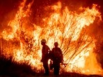 Fire crews battle the Kenneth Fire in the West Hills section of Los Angeles, Thursday, January 9, 2025.