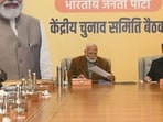 PM Narendra Modi with Union ministers JP Nadda, Rajnath Singh and Amit Shah during a CEC meeting at BJP headquarters in New Delhi on Friday. (HT PHOTO) PM Narendra Modi with Union ministers JP Nadda, Rajnath Singh and Amit Shah during a CEC meeting at BJP headquarters in New Delhi on Friday. (HT PHOTO)