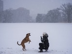 A woman plays with her dog in Centennial Park as winter storm cora makes its way through the Southern United States in Nashville, Tennessee, U.S. January 10, 2025.  REUTERS/Seth Herald