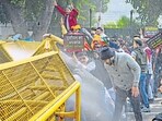 Water cannons being used to disperse agitators during a BJP protest against the AAP near Arvind Kejriwal’s residence on Friday. (RAJ K RAJ /HT PHOTO) Water cannons being used to disperse agitators during a BJP protest against the AAP near Arvind Kejriwal’s residence on Friday. (RAJ K RAJ /HT PHOTO)