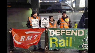 Members of the Rail, Maritime and Transport union on the picket line outside Euston station (Kirsty O’Connor/PA) Members of the Rail, Maritime and Transport union on the picket line outside Euston station (Kirsty O’Connor/PA)