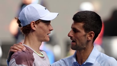 Jannik Sinner and Novak Djokovic after their Australian Open semi-final last year. (AP) Jannik Sinner and Novak Djokovic after their Australian Open semi-final last year. (AP)