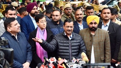Aam Aadmi Party (AAP) national convener Arvind Kejriwal with Delhi CM Atishi, Punjab CM Bhagwant Mann and party leader Sanjay Singh. Aam Aadmi Party (AAP) national convener Arvind Kejriwal with Delhi CM Atishi, Punjab CM Bhagwant Mann and party leader Sanjay Singh.