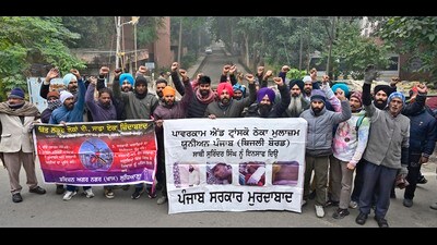 Contractual linemen staging a protest at PSPCL head office in Ludhiana on Friday. (Gurpreet Singh/HT) Contractual linemen staging a protest at PSPCL head office in Ludhiana on Friday. (Gurpreet Singh/HT)