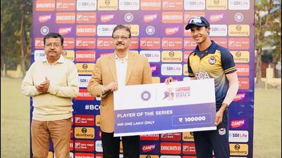 Harnoor Pannu being presented with the Player of the Natch award for his ton on Friday.  (PCA)