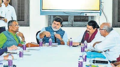 Minister Uday Samant on Friday interacted with authors to elicit their suggestions in connection with the upcoming conference. (HT PHOTO) Minister Uday Samant on Friday interacted with authors to elicit their suggestions in connection with the upcoming conference. (HT PHOTO)