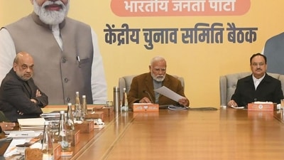 PM Narendra Modi with Union ministers JP Nadda, Rajnath Singh and Amit Shah during a CEC meeting at BJP headquarters in New Delhi on Friday. (HT PHOTO) PM Narendra Modi with Union ministers JP Nadda, Rajnath Singh and Amit Shah during a CEC meeting at BJP headquarters in New Delhi on Friday. (HT PHOTO)