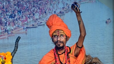Prayagraj: A 'sadhu' performs 'puja' at his tent ahead of Maha Kumbh Mela. (PTI)