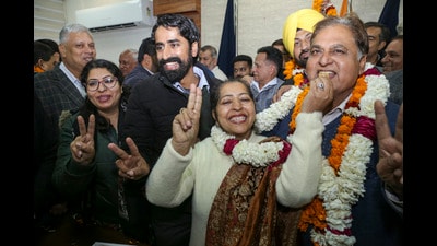 Supporters celebrate after AAP's Kundan Gogia, extreme right, was appointed as new Patiala mayor on Friday. (PTI) Supporters celebrate after AAP's Kundan Gogia, extreme right, was appointed as new Patiala mayor on Friday. (PTI)