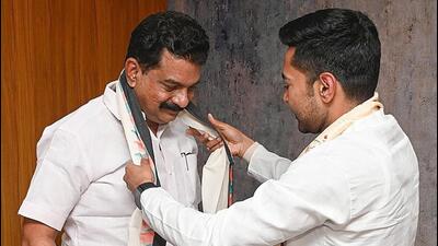 TMC General Secretary Abhishek Banerjee greets MLA PV Anvar as he joins the All India Trinamool Congress, on Friday (AITC Media cell) TMC General Secretary Abhishek Banerjee greets MLA PV Anvar as he joins the All India Trinamool Congress, on Friday (AITC Media cell)