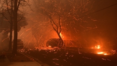 Embers from the Eaton Fire fly down a residential street in Altadena, California. (Robyn Beck/AFP) Embers from the Eaton Fire fly down a residential street in Altadena, California. (Robyn Beck/AFP)