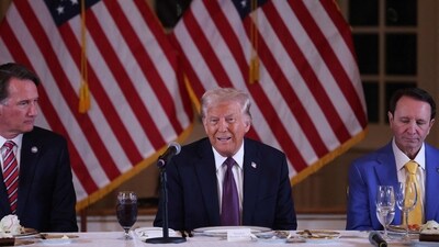 US President-elect Donald Trump speaks during a meeting with Republican governors at the Mar-a-Lago Club on January 09, 2025 in Palm Beach, Florida. Trump will be sworn in as the 47th president of the United States on January 20, making him the only president other than Grover Cleveland to serve two non-consecutive terms in office. (Scott Olson/Getty Images via AFP) US President-elect Donald Trump speaks during a meeting with Republican governors at the Mar-a-Lago Club on January 09, 2025 in Palm Beach, Florida. Trump will be sworn in as the 47th president of the United States on January 20, making him the only president other than Grover Cleveland to serve two non-consecutive terms in office. (Scott Olson/Getty Images via AFP)