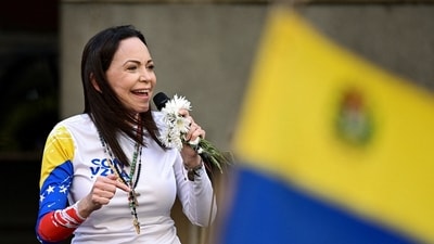 Venezuelan opposition leader María Corina Machado was arrested Thursday, according to her aides. Officials denied her detention seconds later, capping a day of demonstrations aimed at preventing President Nicolás Maduro from holding onto power. (REUTERS/Gaby Oraa)