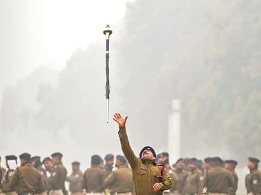 The Railway Protection Force (RPF) personnel showcase their skills amid the parade rehearsals. (Photo: Ravi Choudhary/PTI) The Railway Protection Force (RPF) personnel showcase their skills amid the parade rehearsals. (Photo: Ravi Choudhary/PTI)