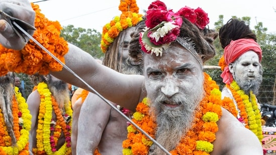 A saint of Shri Panchayati Mahanirvani Akhara displays a sword during a religious procession on the first Royal Entry 'Chavni Pravesh' for the Maha Kumbh Mela 2025, in Prayagraj.(ANI)