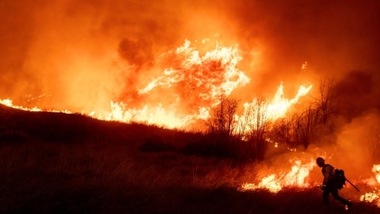 A firefighter sets a back burn in front of the advancing Kenneth Fire in the West Hills section of Los Angeles.&nbsp;(AP Photo/Ethan Swope)