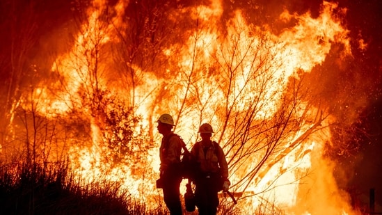 Fire crews battle the Kenneth Fire in the West Hills section of Los Angeles, Thursday, Jan. 9, 2025.(AP Photo)