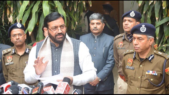 Haryana CM Nayab Singh Saini addressing media after state level review meeting at Panchkula police line on Friday. (Sant Arora/HT)