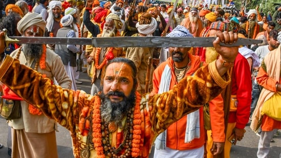 'Sadhus' of 'Shri Panch Digambar Ani Akhara', 'Shri Panch Nirmohi Ani Akhara', and 'Shri Panch Nirvani Ani Akhara' take part in the 'Chavni Pravesh', the royal entry procession for Maha Kumbh Mela 2025, (PTI)