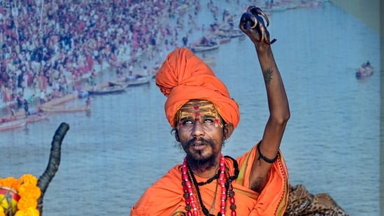 Prayagraj: A 'sadhu' performs 'puja' at his tent ahead of Maha Kumbh Mela.(PTI)