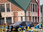 A memorial is seen at Apalachee High School after a school shooting, Sept. 7, 2024, in Winder, Ga. (AP Photo/Mike Stewart, File)