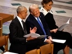 U.S. President-elect Donald Trump speaks with former U.S. President Barack Obama as Melania Trump looks on during the state funeral for former U.S. President Jimmy Carter at Washington National Cathedral on January 09, 2025 in Washington, DC. (Photo by CHIP SOMODEVILLA / GETTY IMAGES NORTH AMERICA / Getty Images via AFP)
