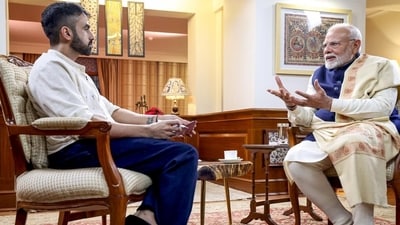 Prime Minister Narendra Modi during a podcast with Nikhil Kamath in Delhi. (HT_PRINT) Prime Minister Narendra Modi during a podcast with Nikhil Kamath in Delhi. (HT_PRINT)