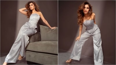Rasha aces monotone fashion, rocking an off-shoulder grey corset top paired with matching high-waisted pants for a stylish look. (Instagram)