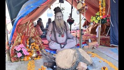 A naga sadhu at his camp in tent city of Mahakumbh-2025 in Prayagraj (Anil Kumar Maurya/HT)