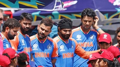India's captain Rohit Sharma with teammates Virat Kohli, Hardik Pandya, Ravindra Jadeja (Surjeet Yadav) India's captain Rohit Sharma with teammates Virat Kohli, Hardik Pandya, Ravindra Jadeja (Surjeet Yadav)