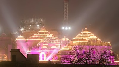 A view of illuminated Ram Mandir on the occasion of 'Pratishtha Dwadashi', the first anniversary of the Pran Pratishtha of Sri Ram Janmabhoomi Temple, in Ayodhya (ANI) A view of illuminated Ram Mandir on the occasion of 'Pratishtha Dwadashi', the first anniversary of the Pran Pratishtha of Sri Ram Janmabhoomi Temple, in Ayodhya (ANI)