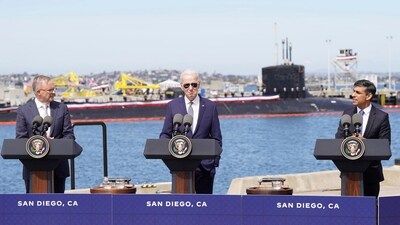 Britain's former Prime Minister Rishi Sunak, right, meets with US President Joe Biden and Prime Minister of Australia Anthony Albanese, left, at Point Loma naval base in San Diego, US, Monday March 13, 2023, as part of Aukus, a trilateral security pact between Australia, the UK, and the US. AP/PTI(AP03_14_2023_000001B) (AP) Britain's former Prime Minister Rishi Sunak, right, meets with US President Joe Biden and Prime Minister of Australia Anthony Albanese, left, at Point Loma naval base in San Diego, US, Monday March 13, 2023, as part of Aukus, a trilateral security pact between Australia, the UK, and the US. AP/PTI(AP03_14_2023_000001B) (AP)