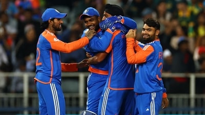 India's Arshdeep Singh celebrates with teammates after taking the lbw wicket of South Africa's Heinrich Klaasen during a T20I series in 2024 (REUTERS)