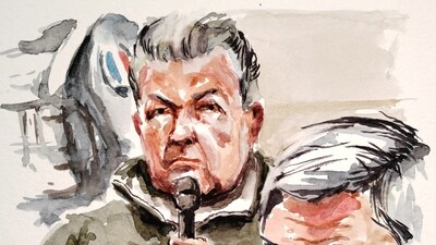 FILE PHOTO: Dominique Pelicot, convicted of drugging and raping his then-wife Gisele Pelicot, appears with his lawyer Beatrice Zavarro at the courthouse in Avignon, France, December 16, 2024 in this courtroom sketch before his conviction. ZZIIGG via REUTERS NO RESALES. NO ARCHIVES./File Photo