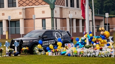 A memorial is seen at Apalachee High School after a school shooting, Sept. 7, 2024, in Winder, Ga. (AP Photo/Mike Stewart, File) (AP) A memorial is seen at Apalachee High School after a school shooting, Sept. 7, 2024, in Winder, Ga. (AP Photo/Mike Stewart, File) (AP)