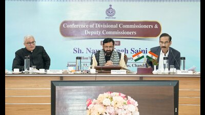 Nayab Saini presiding over a meeting with divisional commissioners and deputy commissioners in Chandigarh on Saturday. (Nayab Saini/X)