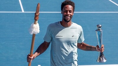 Gael Monfils of France holds up the trophy after defeating Zizou Bergs of Belgium to win the men's singles of the ASB Classic tennis tournament at Manuka Doctor Arena in Auckland, New Zealand (AP) Gael Monfils of France holds up the trophy after defeating Zizou Bergs of Belgium to win the men's singles of the ASB Classic tennis tournament at Manuka Doctor Arena in Auckland, New Zealand (AP)