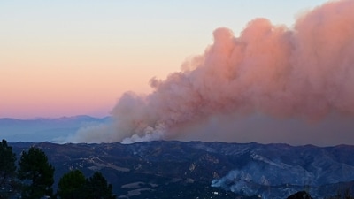 Smoke billows from the Palisades fire as seen from Saddle Peak Road, near Fernwood, Topanga, a community in western Los Angeles County, California in January 10, 2024. (AFP)