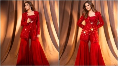 Rasha looked breathtaking in a red three-piece ethnic suit featuring a bralette-style top, shimmery jacket, and flowy sharara pants.&nbsp; (Instagram)