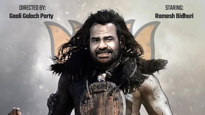 AAP targets BJP's Kalkaji candidate Ramesh Bidhuri with a poster portraying him as the villain from Bahubali 1. (X_@AamAadmiParty) AAP targets BJP's Kalkaji candidate Ramesh Bidhuri with a poster portraying him as the villain from Bahubali 1. (X_@AamAadmiParty)