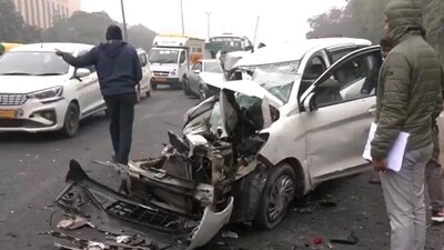 Visuals from the accident site showed traffic moving slowly on the road as police inspected the damaged vehicles. (ANI) Visuals from the accident site showed traffic moving slowly on the road as police inspected the damaged vehicles. (ANI)