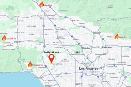 Diddy's Los Angeles property is surrounded by the wildfires ablaze in Southern California. Google Maps/Canva Diddy's Los Angeles property is surrounded by the wildfires ablaze in Southern California. Google Maps/Canva