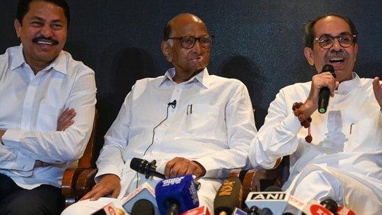 Mumbai, India- October 13, 2024: Maha Vikas Aghadi leaders NCP-SCP chief Sharad Pawar, Shiv Sena (Uddhav Balasaheb Thackeray) Chief Uddhav Thackeray, Congress leaders Nana Patole at the release the Gadharancha Pancnama and booklet during the joint press conference at Taj Land Ends Hotel in Mumbai, India, October 13, 2024. (Photo by Raju Shinde/HT Photo) (Hindustan Times)