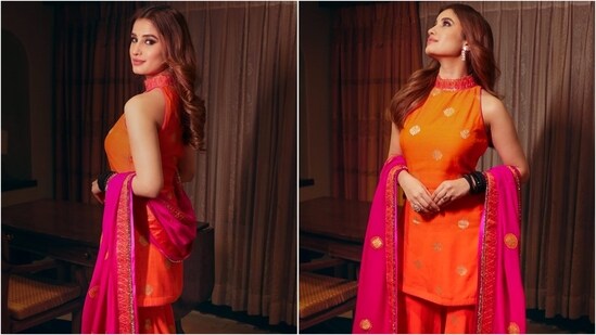Her ethnic fashion game is on point as Rasha stuns in a halter neck orange kurta paired with a pink duppata, exuding elegance.(Instagram)