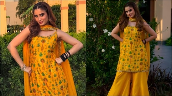 Rasha's yellow suit is the perfect ethnic fashion inspiration, featuring an embroidered kurta, palazzo pants, and a matching duppata for a stunning look.(Instagram)