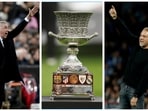 A combination picture shows Real Madrid coach Carlo Ancelotti, the Spanish Super Cup trophy and FC Barcelona coach Hansi Flick ahead of the Spanish Super Cup Final.